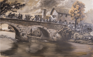 Il quadro mostra l’ultima carica di cavalleria austriaca contro la fanteria francese per riprendere il ponte sul Naviglio.