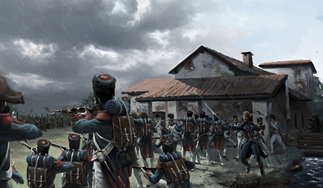 Il quadro mostra i granatieri francesi schierati a protezione del loro primo console in attesa del primo violento attacco di cavalleria austriaca.